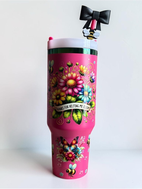 Handmade Other - NEW 40 oz Pink Floral Bee Butterfly Tumbler with Handle & Bow